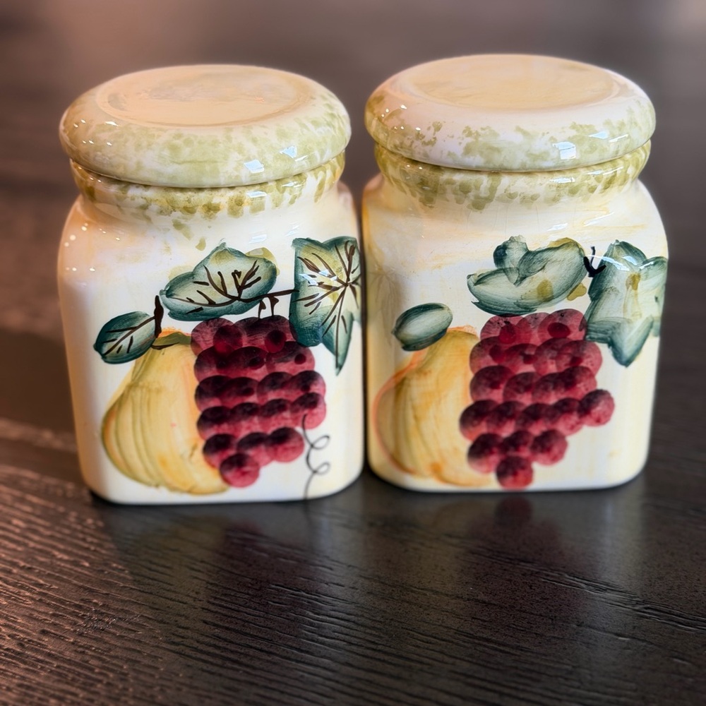 Tuscan Atico "Round the Round House" hand-painted ceramic spice jars Set of 2